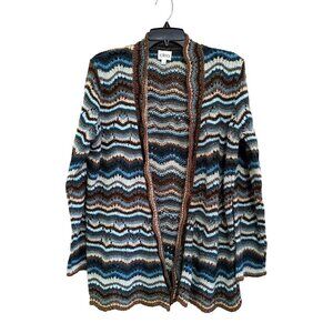 Cleo Open Front Cardigan Sweater Size Large Acrylic Brown Blue  Wave Striped